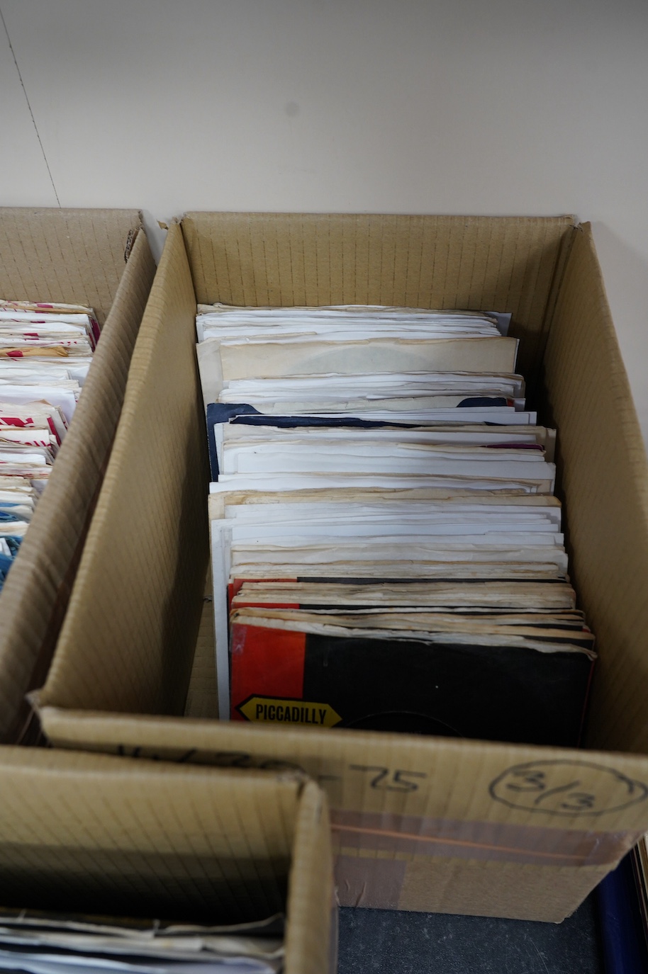 Three boxes of 7” singles on Piccadilly, Rare Earth, Reaction, Red Bird, Pye, Vertigo, etc. labels, artists including; Family, The Jeff Beck Group, Cream, Faithful, Captain Beefheart and His Magic Band, Olivia Newton-Joh